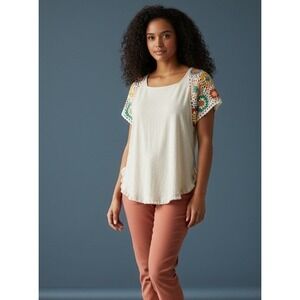 Umgee Womens Tunic Top M‎ Oatmeal Linen Blend Crochet Sleeve Square Neck Boho